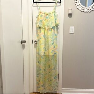 NEW Ladakh Watercolor Chiffon Sleeveless Maxi Dress 6 sundress flowy yellow blue